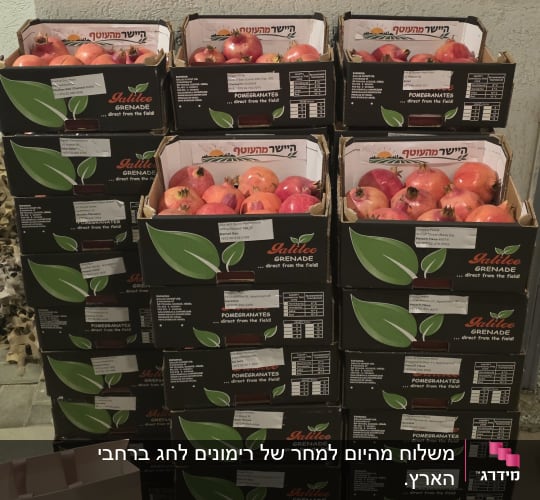 ארגזי קרטון מלאים ברימונים טריים ומסומנים למשלוח